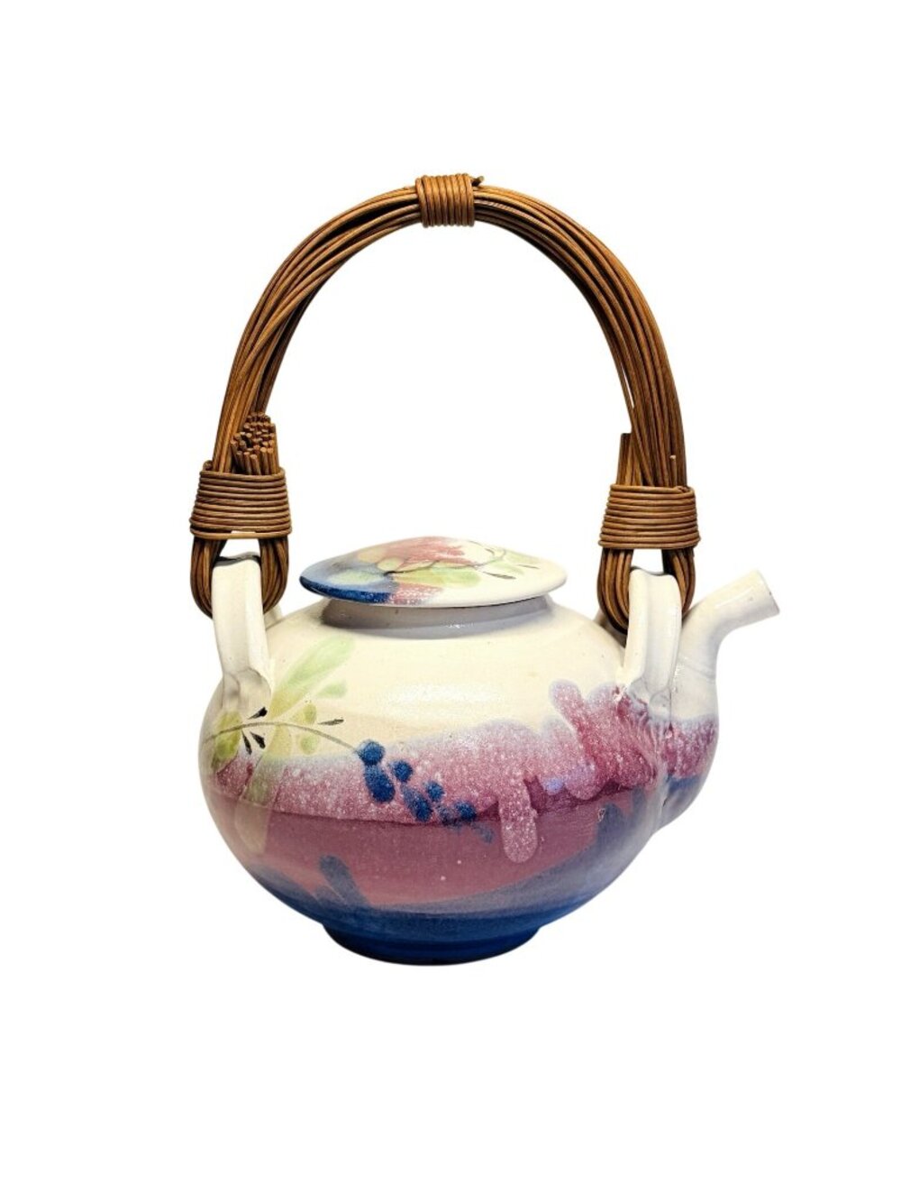 Jeff Chang Hawaii Art Pottery Large Lidded Teapot 2000 Floral Painted Glazed
